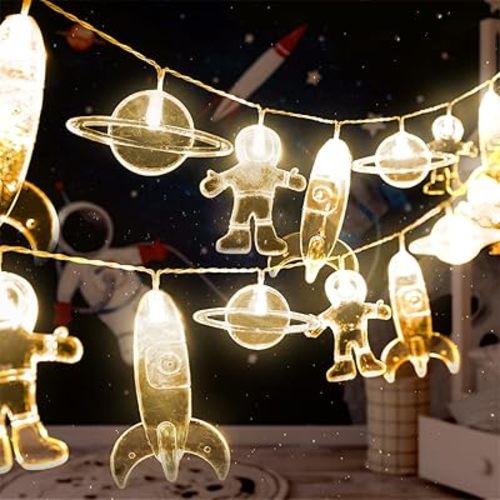 50 LED Children's Room LED String Light Astronaut Spaceship Rocket Pendants Holiday Party Lights Wall Window Nursery or Kids room Decor Wedding Around the Garden Party Patio Christmas (Warm White)