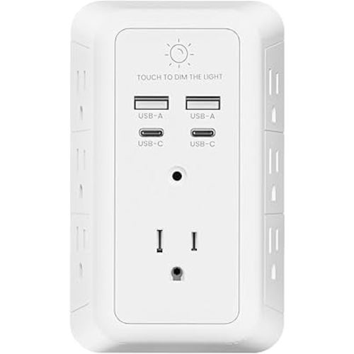 Wall Charger Surge Protector, Outlet Extender with Night Light, USB Wall Charger with 2 USB C and 2 USB Ports, 3-Sided Power Strip with Adapter Spaced Outlets for Home Office Travel, ETL Certified