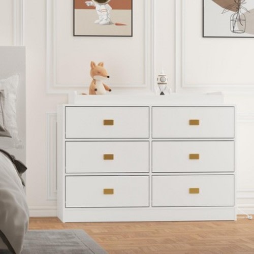 Changing Table Dresser with 6 Drawers, Nursery Dresser Diaper Changing Station with Soft Changing Pad & Removable Top, White