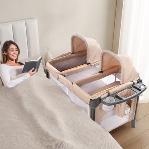 JOYMOR Twin Bassinet for Baby with Storage, Playyard with Two Bassinet,Side Sleeper for Infant