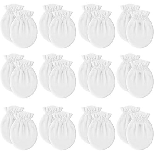 12 Pairs Newborn Baby Mittens,Unisex-Baby No Scratch Mittens,100% Cotton White Mittens for Baby 0-6 Months