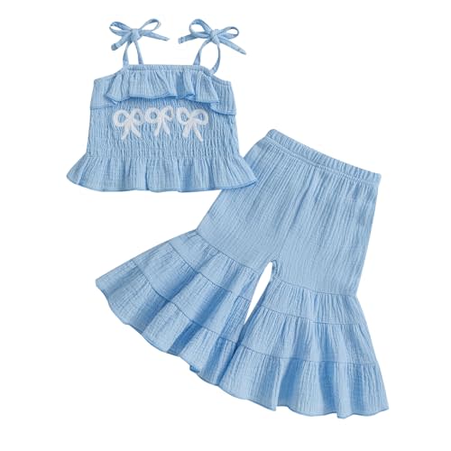 Kavousa Toddler Baby Girl Smocked Outfit Ruffle Halter Shirt Flared Pants Set Toddler Bell Bottom Outfit Summer Clothes