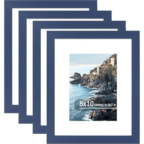 8x10 Picture Frame (4 Pack, Blue) Made of Real Glass and Wooden Frame - Display Pictures 5x7 with Mat or 8x10 Without Mat, 8 by 10 Photo Frames TableTop Display and Wall Mounting