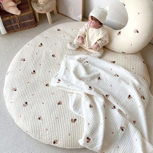 Poowe Nursery Kids Rug Creeping Crawling Mat Baby Rug Childrens Floor Area Rug Mat 100% Cotton Baby Crawling Mat Round Infants School Carpet Decor, 33.5" Round-Squirrel