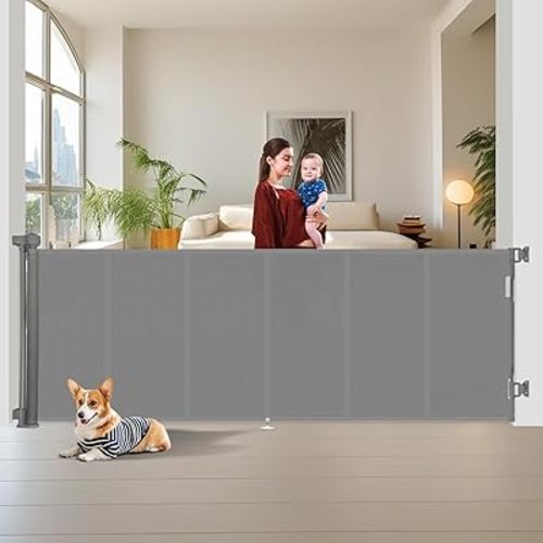 Upgrade 150 inch Retractable Baby Gates Extra Wide with Reinforced Strip Design to Prevent Crawling Through, 150" Retractable Dog Gate, 48" Tall, Retractable Gate for Indoor/Outdoor(Gray)
