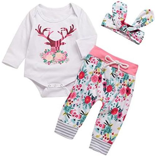 3PCs Baby Pink Reindeer Print Long Sleeves Romper Headband Pant Outfit Set
