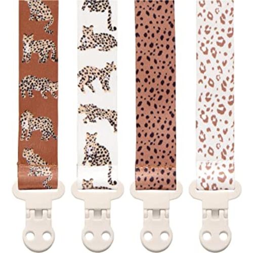 Stadela Baby Pacifier Clip Leash Soothie Teething Ring and Teether Toy Holder Unisex for Girl or Boy 4 Pack Baby Shower Birthday Gift Set Universal Fit (Leo)