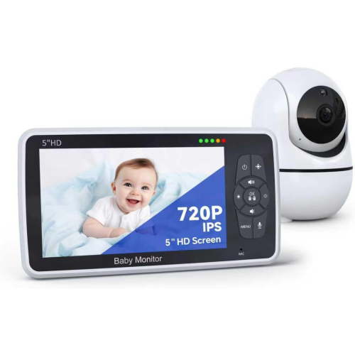 Baby Monitor with Camera and Audio, 5" IPS Display 720P HD, 4000mAh Long Battery Life, Pan-Tilt-Zoom, No WiFi, VOX Mode, Night Vision, 2-Way Audio, Temperature Sensor & Lullabies