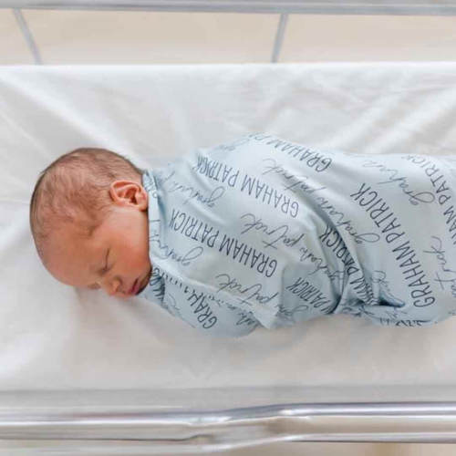 Personalized Light Dusty Blue Baby Name Swaddle Blanket - Block & Script