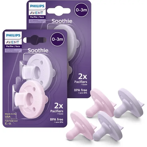 Philips Avent Soothie 0-3 Months Orthodontic Baby Pacifiers, 100% Silicone Pacifiers, One Piece, BPA-Free, 2 Lilac and 2 Pink, 4 Pack, Model SCF190/70