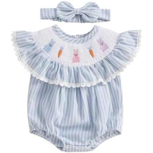 Newborn Baby Girl Easter Outfit Bunny Bubble Romper Embroidery Cute Smocked Baby Girl Clothes