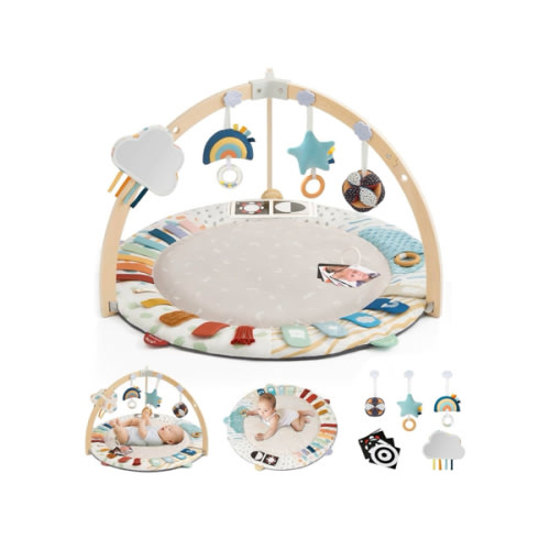 Blissful Diary Baby Play Gym & Activity Mat, 5 Developmental Zones Wooden Tummy Time Mat with 5 Detachable Sensory Toys for Motor Skills & Sensory Development, Baby Essentials Shower Gift