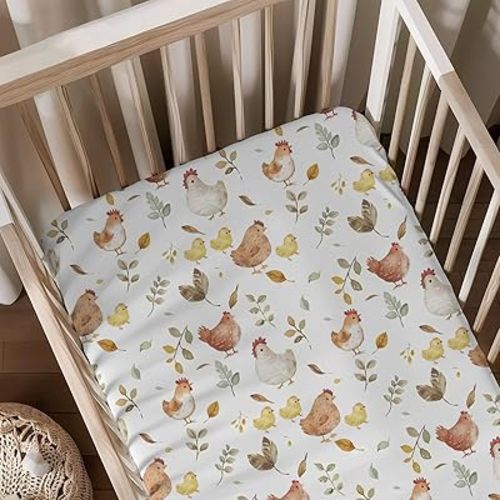 Watercolor Chicken Leaves Pattern Baby Sheets for Crib, Unisex Farm Animal Nursery Fitted Bed Sheet for Boys Girls Standard Crib and Toddler Mattress-28x52