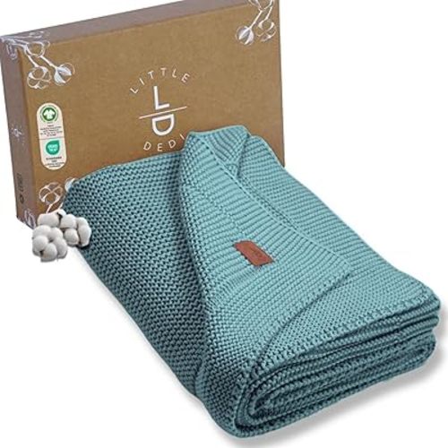 100% Organic Cotton Baby Knitted Blanket with Gift Box - Soft Toddler, Crib, Stroller Blanket - Neutral Swaddle and Receiving Blanket for Newborns, 30"x40", Smoke Blue