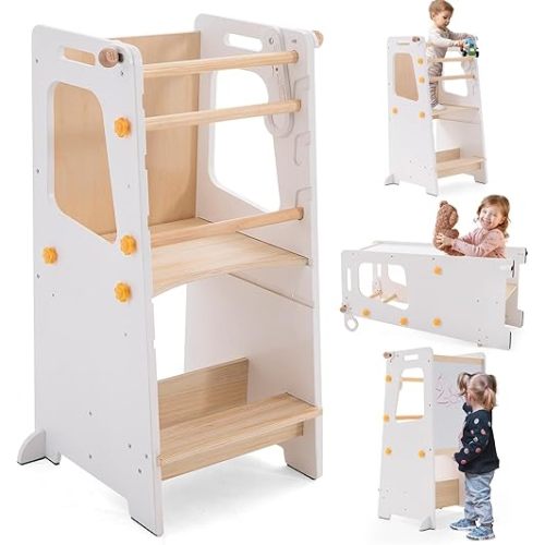 Toddler Standing Tower, Toddler Step Stool with White Board&Convertible Table and Chair, Kitchen Stool Height Adjustable with Safety Rail, Helper Tower for Kids Cooking
