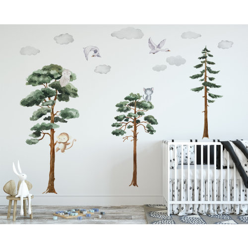 Forest tree and animals nursery decor decals pine tree wall decal Watercolor clouds trees animals kids bedroom decor art