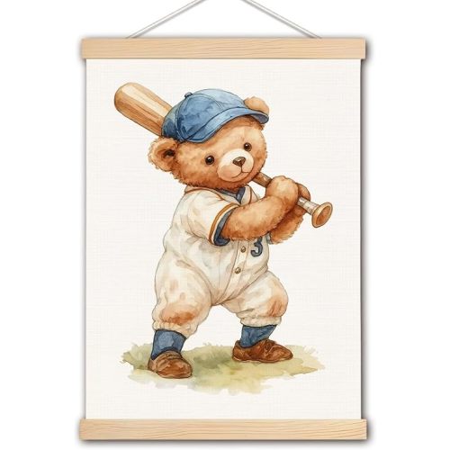 DNEULYR Bear Baseball Wall Art Poster, Baseball Nursery Wall Decor, Retro Cute Bear Sports Poster Hanger Frame for Toddler Kids Boys Room Bedroom Playroom Nursery, 12x16 Inches