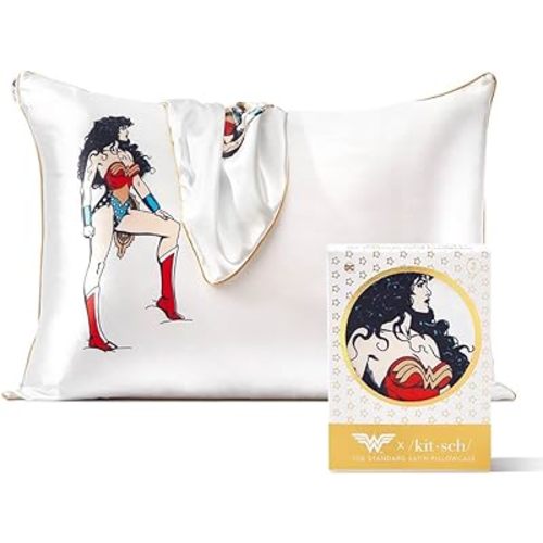 Kitsch Wonder Woman (Believe in Wonder) Satin Pillowcase with Zipper Softer Than Silk, Luxury Cooling Pillowcase for Hair & Skin, Wrinkle Prevention, Queen/Standard (19X26)