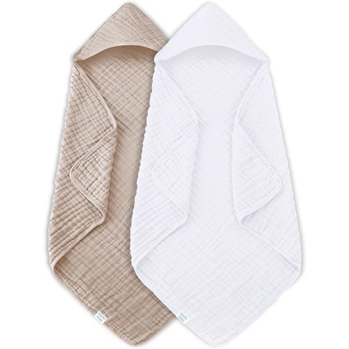 2 Pack Muslin Hooded Baby Bath Towels for Newborns, Infants, Toddlers - 100% Cotton - Large 32x32Inch Size - Highly Absorbent and Essential, White and Brown