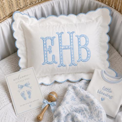 Personalized Monogram Pillow Cover, Custom Embroidered Initials Pillowcase, Blue Floral Nursery Pillow, Scalloped Decor