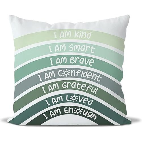 QIYUHOY Boho Sage Eucalyptus Green Rainbow Classroom Throw Pillow Covers, Olive Green Pillow Cover, Book Center Calming Corner Playroom Decor Pillow Case,I Am Kind Smart Brave Confidence,18x18 Inch