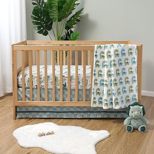 The Peanutshell Baby Crib Bedding Set for Boys - 3 Pieces - Newborn, Infant & Toddler Bed - Dino Fitted Crib Sheet and Plush Baby Blanket Set with Checkered Dust Ruffle - Dinosaur Nursery Decor
