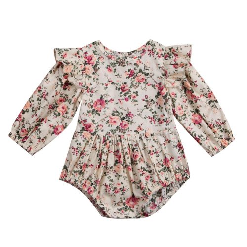 Infant Baby Girl Twins Long Sleeve Ruffles Romper Bodysuit Outfit Clothes (0-6 Months, Floral)