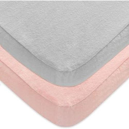 Pack 'n Play 2-Pack, 100% Cotton Flannel, Portable Mini Crib Sheets, Fitted Playard Mattress Cover for Girls & Boys, Ultra Soft Warm Breathable Convertible Playpen Sheet, Grey & Pink