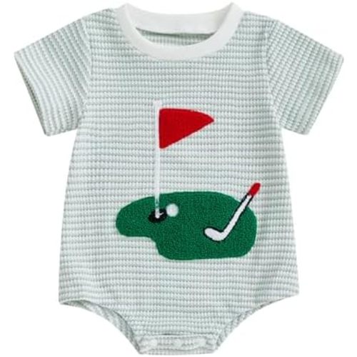 Kuriozud Baby Boy Bubble Romper Golf Outfits 1st Birthday Hole in One Onesie Waffle Knit Bodysuit First Birthday Clothes