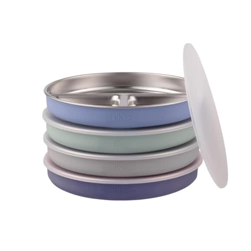 Stainless Steel Divided Plates + Silicone Sleeve and Storage Lid | Baby, Toddler, Kids | Dinner & Snack Plates | 4 Pack