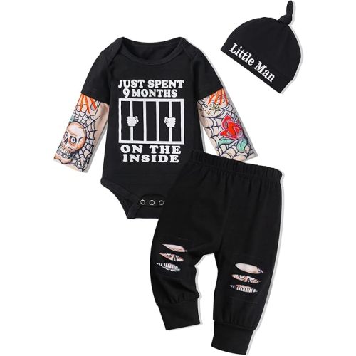 Baby Boy Clothes Tattoo Sleeve Funny Romper Bodysuit+Pants 3PCS Infant Outfits Set