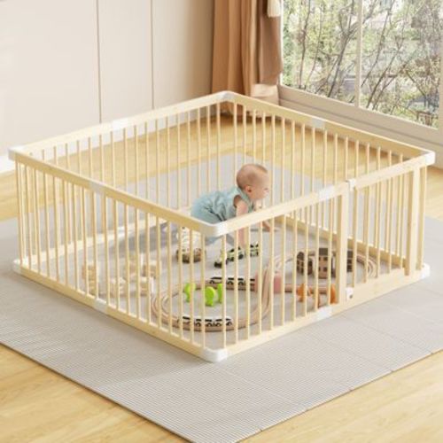 Large Wooden Baby Playpen, Adjustable Gate for Toddler and Babies, Baby Fence Play Yard with Door, Safe Play Area Kids Activity (56x56x24inches)