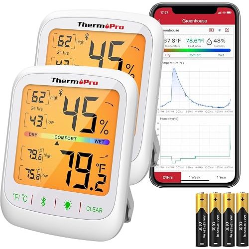ThermoPro Bluetooth Hygrometer Thermometer, 260FT Wireless Remote Temp and Humidity Meter, with Large Backlit LCD, Data Storage and Export, Temperature and Humidity Monitor, Max Min Records, 2 Pack