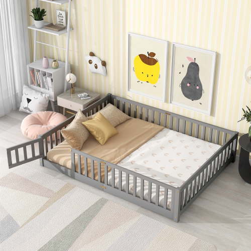 UHOMEPRO Queen Size Floor Bed with Door and Fence for Kids, Toddler Bed Montessori Floor Bed with Slats and Safety Guardrails, Solid Wood Queen Bed Frame for Girls Boys Kids Bedroom, Gray