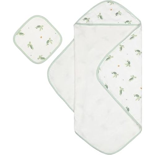 Bamboo Viscose Baby Hooded Towel & Washcloth Set for Babies and Toddlers, Tiger, Soft & Absorbent, 70% Viscose from Bamboo, 30% Cotton Muslin - Imported (Turtle)