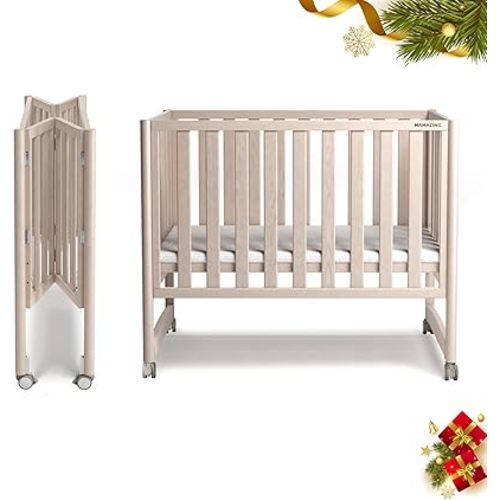 EvoNook 6-in-1 Convertible Mini Crib - Easy Assembly, Portable Folding Baby Mini Crib with Wheels, 100% New Zealand Pinewood, 4 Adjustable Mattress Heights, Washed Nature with Wheels