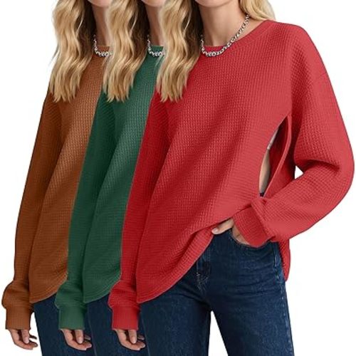 3 Pack Women's Oversized Nursing Tops, Waffle Knit Breastfeeding Zipper Sweatshirt Long Sleeve Maternity Shirts