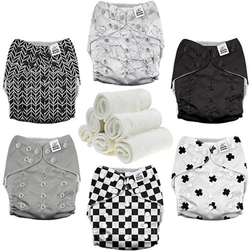 Mama Koala 3.0 Pocket Cloth Diapers for Babies with AWJ Lining, 6 Pack with 6 4-Layer Natural Cloth Diaper Inserts - Reusable and Washable Pocket Diapers (Black and White)