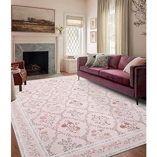 YIHOUSE Pink Floral Print Rugs, Moroccan Trellis 9x12 Washable Large Rug, Modern Pastel Non Slip Ultra-Thin Area Rug for Classroom, Nursery Playroom,Dorm,Bedroom,Living Room, Pink Multi
