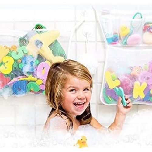 Original Tub Cubby Bath Toy Storage (2 -Pack) for Baby Bath Toys, Hanging bath toy holder with Suction & Adhesive Hooks, 14x20" Mesh Net Shower Caddy for Bathtub Toys, 36 Soft Foam Letters & Numbers