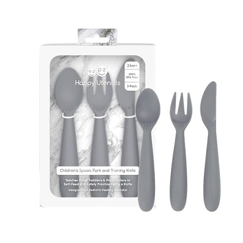 ezpz Happy Utensils - 24 Months+ (Gray) - BPA Free Toddler Utensils - Fork, Spoon and Knife for Toddlers and Preschoolers - Kids Utensils for Self-Feeding Development