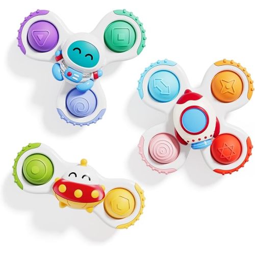 ALASOU 3PCS Pop Suction Cup Spinner Sensory Airplane Travel Toys for 1 Year Old Boy Girl Infant Toddlers|Novelty Spinning Tops 12 18 Months|1 2 Year Old Boy Birthday Gift|Baby Bath Toy Kids Ages 1-3
