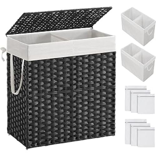SONGMICS Laundry Hamper with Lid, 110L Clothes Hamper with 2 Removable Liner Bags & 6 Mesh Bags, Wicker Laundry Basket, Double Laundry Hamper for Laundry Room, 13 x 22.4 x 23.6 Inches Black ULCB52BK