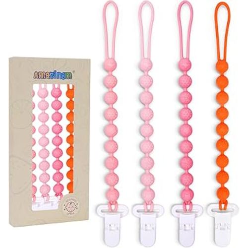 4 Pcs Pink Baby Silicone Teething Pacifier Clip,One-Piece Design,Round Shape,Textured Surface,BPA Free.