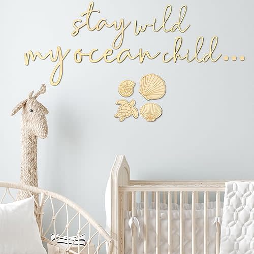 9 Pieces Stay Wild My Ocean Child Wall Decor Boho Nursery Wall Art Neutral Wooden Ocean Wall Decor Baby Sea Turtle Wall Art for Playroom Nursery Children Baby Boys and Girls Bedroom