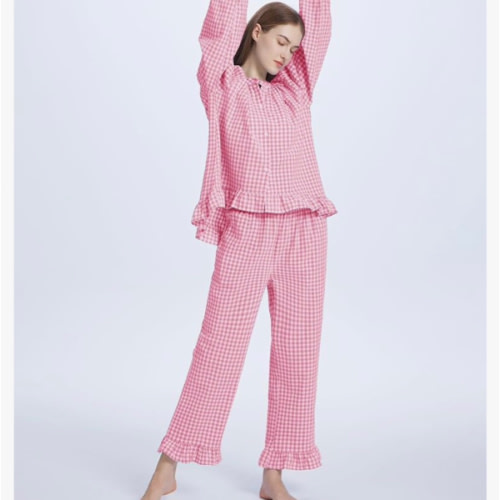 Flygo Womens Plaid Pajamas Sets 2 Piece Cotton Pj Set Puff Sleeve Ruffle Babydoll Shirt Gingham Pants Lounge Sets