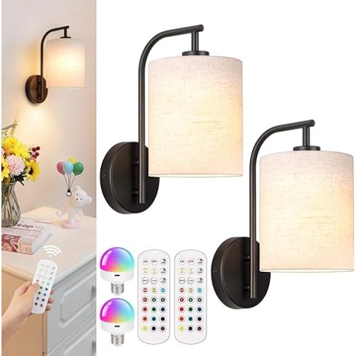 Battery Operated Wall Sconce Set of 2, Black Rechargeable Wireless Wall Light Fixture with Remote, 12 RGB Colors & Timer, Indoor Dimmable Wall Lamp with Linen Shade | Set of 2, Battery Operated