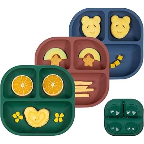 BABELIO Powerful Suction Plates for Baby and Toddler, 100% Food Grand Silicone, Divided, BPA Free, Microwave & Dishwasher Safe, Stay Put, 3 Pack