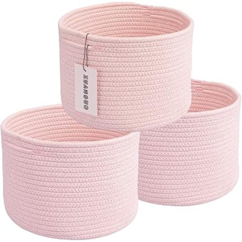 Woven Cotton Rope Storage Baskets - 3-Pack Round Bins (10x10x7'') for Shelves, Closets & Bookcases | Durable Rope Organizers for Nursery, Baby, Toys, Easter & More (pink)