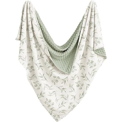 Konssy Baby Blankets for Unisex Boys Girls, Super Soft Nursery Minky Blankets with Muslin Cotton Front and Dotted Fleece Backing, Printed Bed Throws Newborn